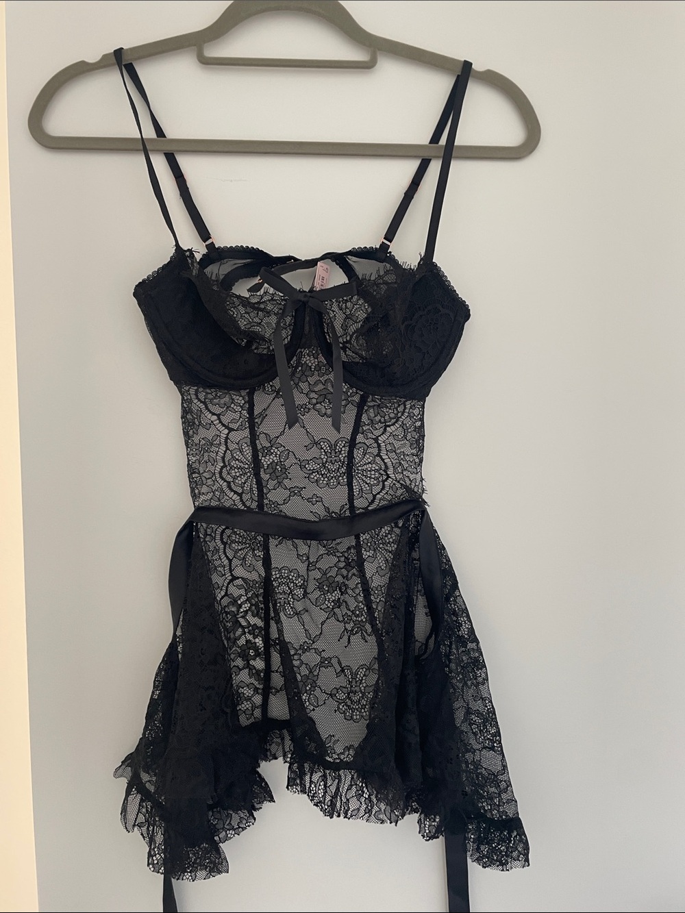 Victoria's Secret Black Lace Sheer Chemise with Bow and Underwire